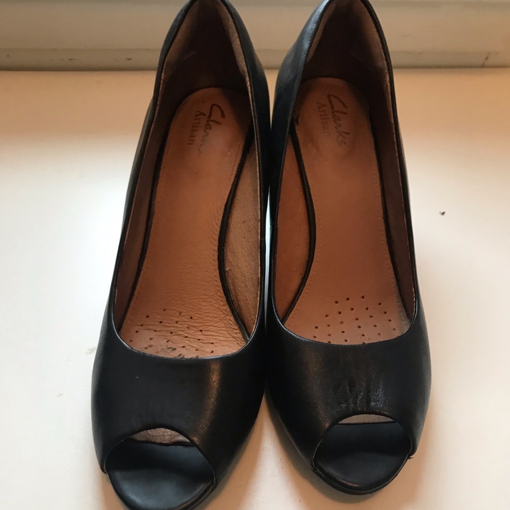 Clarks black heels with peep toe
